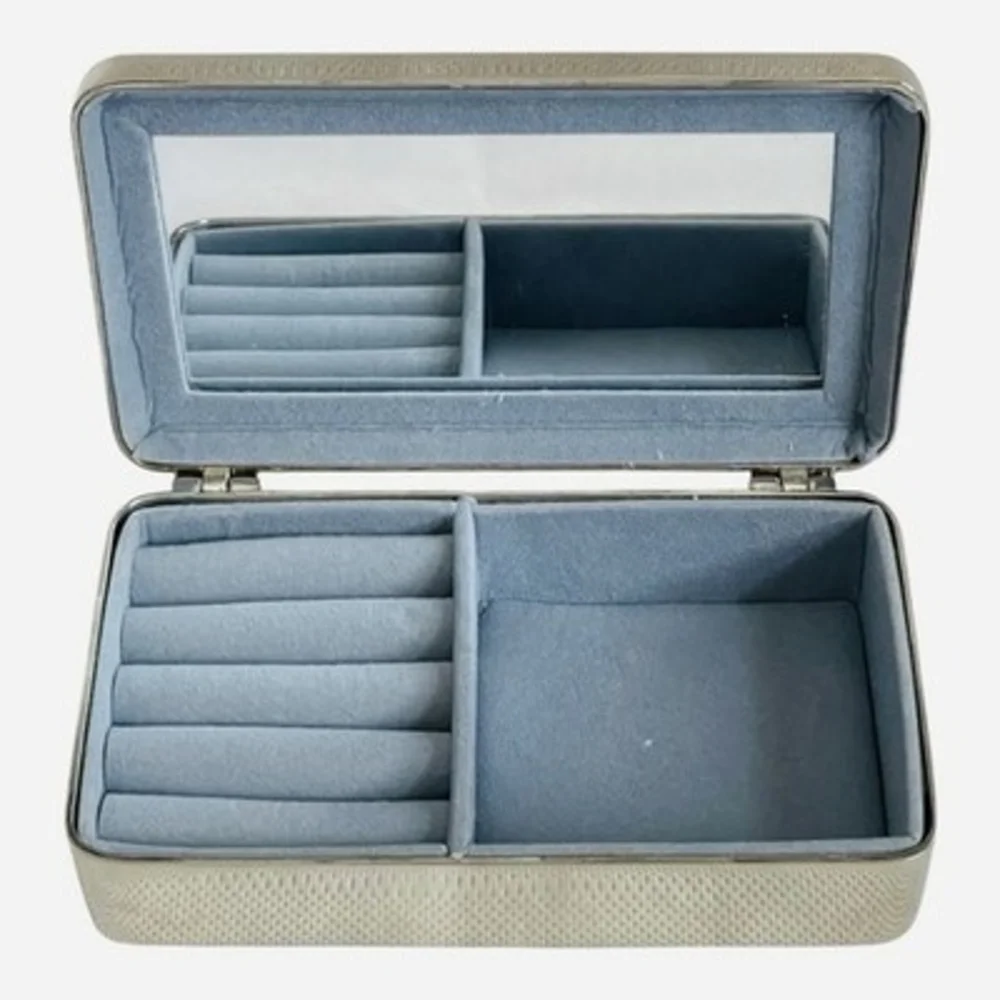 Silver Plated Jewelry Box Monogram K Textured Lid Grey Velvet Mirror Ring Holder